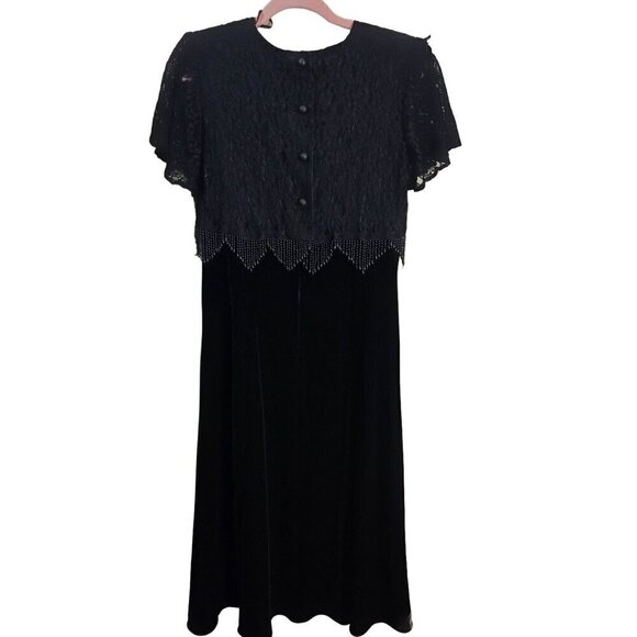 Betsy's Things Vintage Deadstock Black Lace Velvet Beaded Maxi Dress Size 10p - Picture 2 of 6